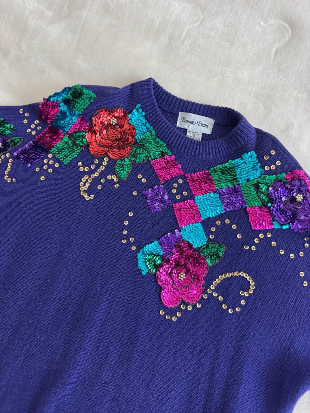 Vintage 80s Bonnie Evans Womens S Purple Sequin Floral Sweater Maximalist